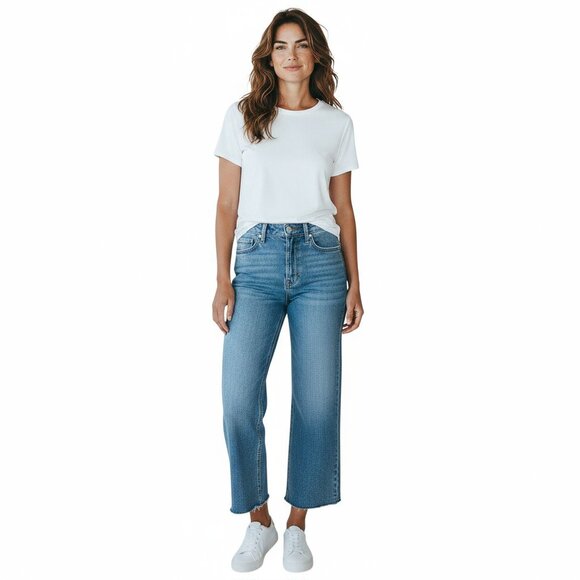 Express Cropped Flare Hi Rise Jeans Wmn's Sz 4 Frayed Stonewashed Stretch Denim - Picture 1 of 16